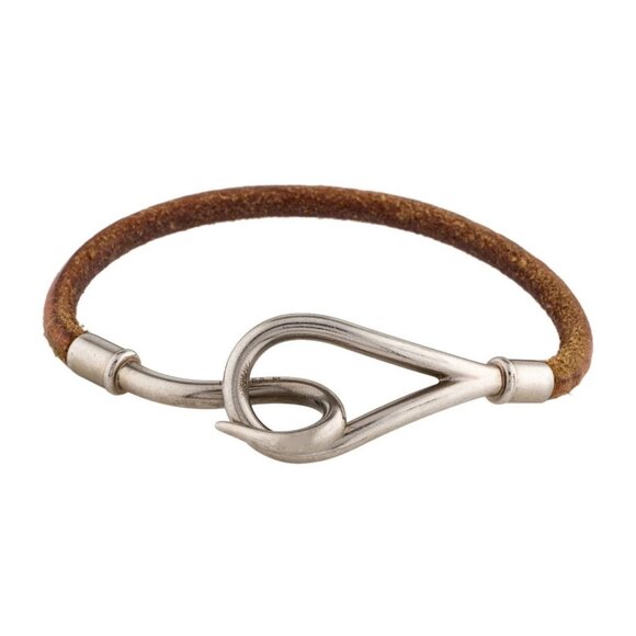 Authentic HERMES Jumbo Hook Bracelet Stainless Steel Leather Silver Brown - Picture 1 of 7